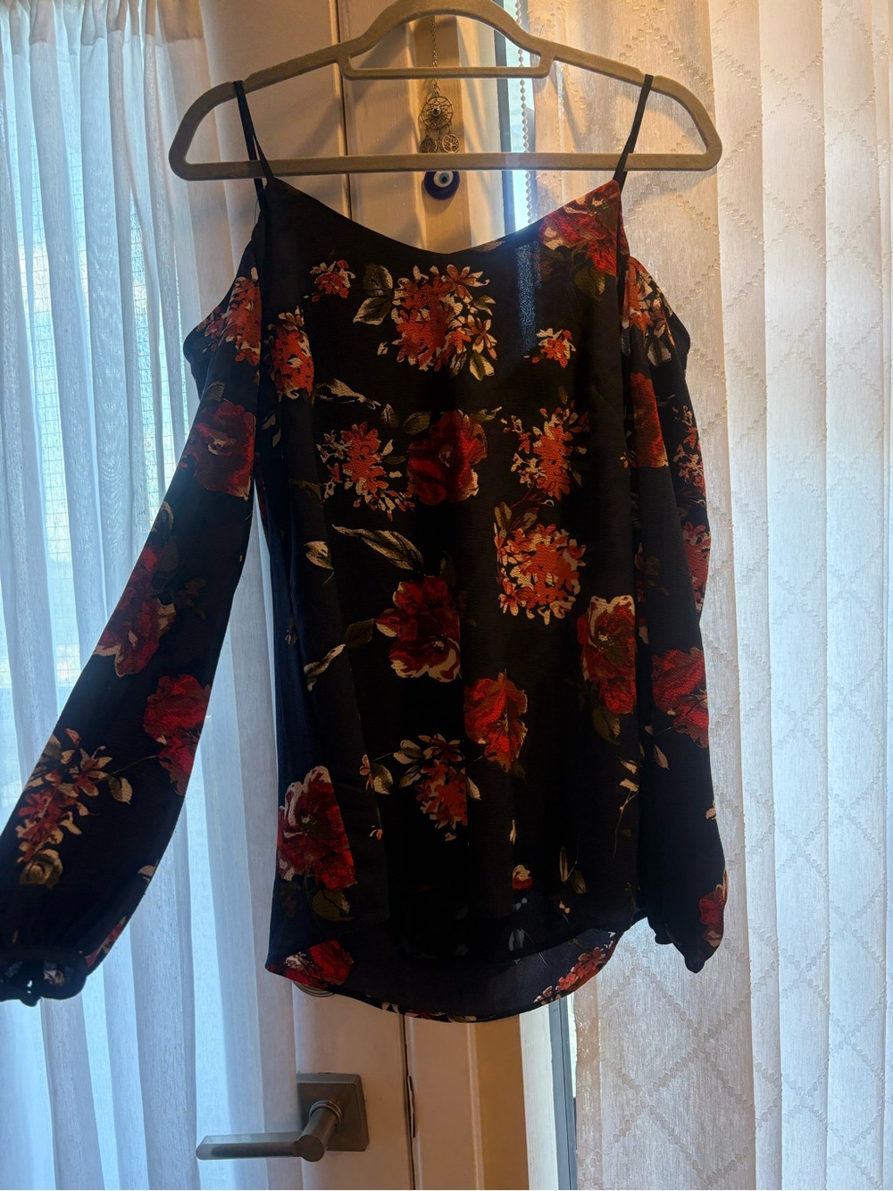 Faith and Joy Cold-Shoulder Tunic with Red Floral Print